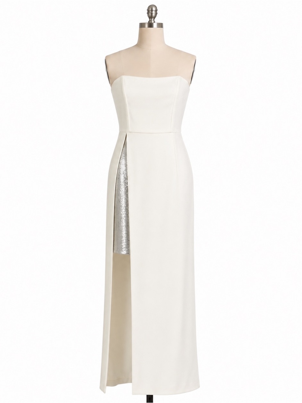 ML Monique Lhuillier Strapless White Gown Size 4 Silver Sequin Slit Formal Dress